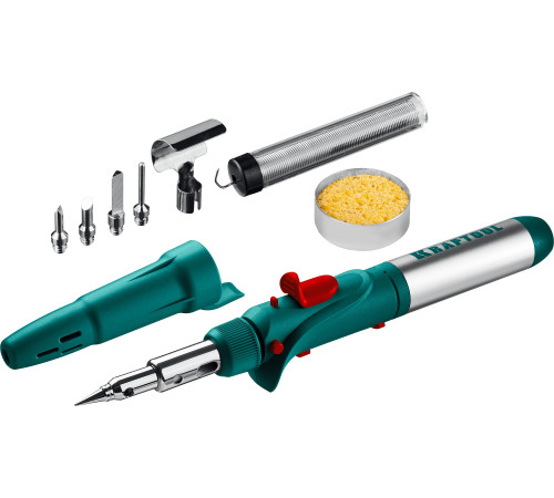 KRAFTOOL SolderGas, 120 K, 30 - 120 Вт, 1300°С, горелка, фен, пьезоподжиг, набор 10 в 1, газовый паяльник (55503-H10) купить  в Сочи