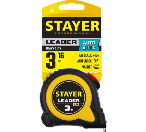 STAYER Leader, 3 м х 16 мм, рулетка с автостопом, Professional (3402-3) купить  в Сочи