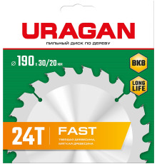 URAGAN Fast, 190 х 30/20 мм, 24Т, пильный диск по дереву (36800-190-30-24)