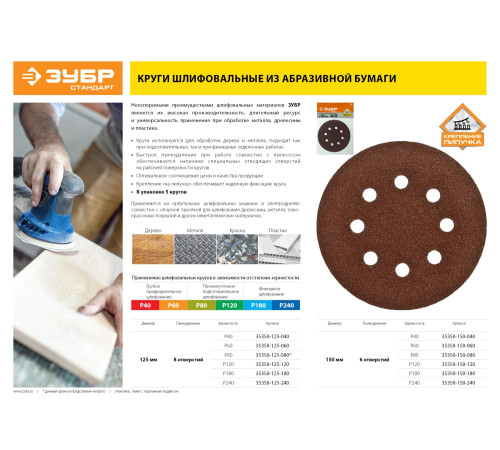 Круг шлифовальный ЗУБР ″СТАНДАРТ″ из абразивной бумаги на велкро основе, 8 отв., Р180, 125мм, 5шт купить  в Сочи