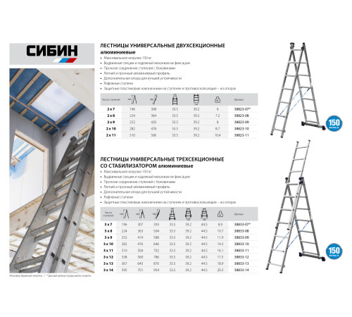 СИБИН 9 ступеней, со стабилизатором, алюминиевая, двухсекционная лестница (38823-09) купить  в Сочи