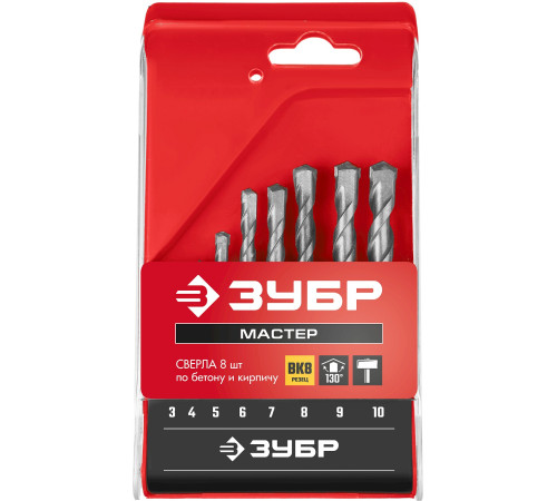 ЗУБР 8 шт: d 3-4-5-6-7-8-9-10 мм, набор сверл по бетону (2922-H8) купить  в Сочи
