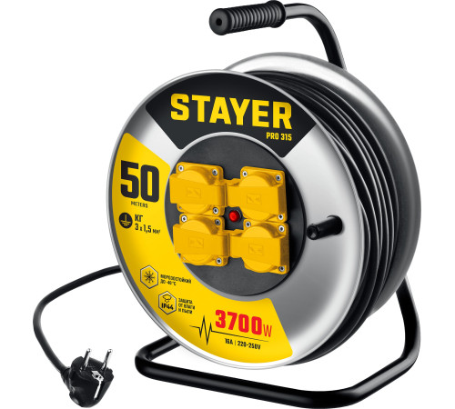 STAYER PRO-315, КГ, 3 x 1.5 мм2, 50 м, 3700 Вт, IP44, силовой удлинитель на стальной катушке (55077-50) купить  в Сочи