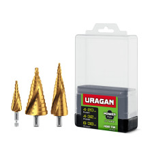 URAGAN 3 шт, 4-38мм, винтовая спираль, набор сверл ступенчатых (29658-4-38-H3)