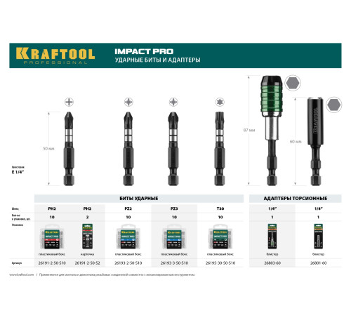 KRAFTOOL Impact PH2, 50 мм, 10 шт, ударные биты (26191-2-50-S10) купить  в Сочи
