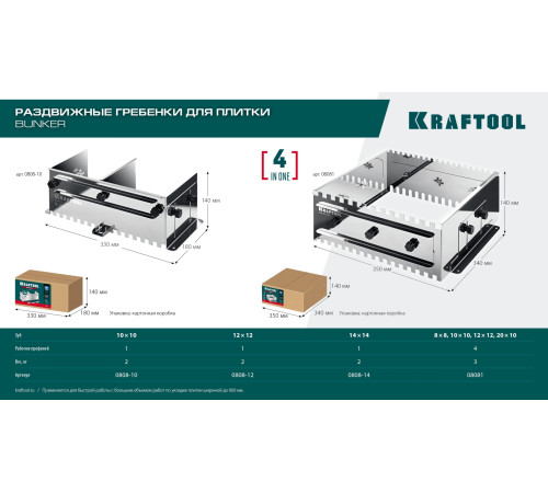 KRAFTOOL BUNKER зуб 10*10 мм, до 600 мм, нерж. сталь, Раздвижная гребенка для плитки (0808-10) купить  в Сочи