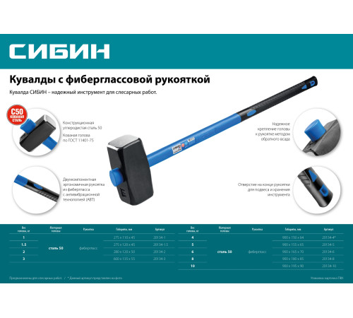 СИБИН 1.5 кг, кувалда с фиберглассовой рукояткой (20134-1.5) купить  в Сочи