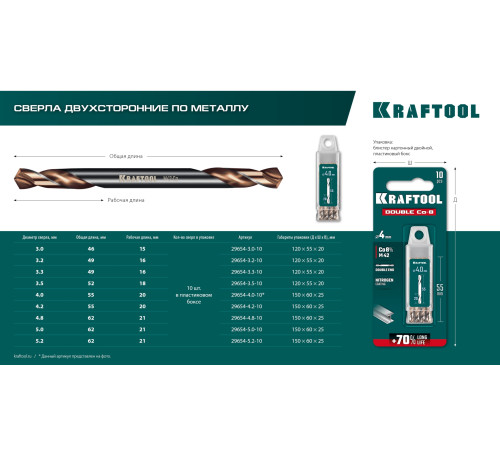 KRAFTOOL DOUBLE Сo-8 3.5х52мм, Сверло двухстороннее по металлу, сталь M42(+8%Co), класс А (29654-3.5-10) купить  в Сочи