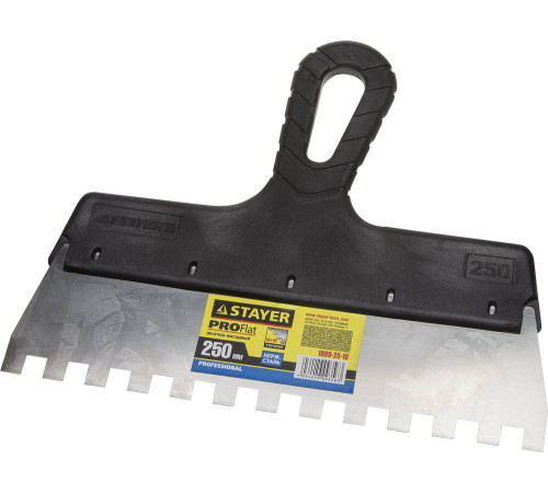 STAYER PROFlat, 250 мм, зуб 10 х 10 мм, пластиковая ручка, зубчатый, нержавеющий фасадный шпатель, Professional (1009-25-10) купить  в Сочи