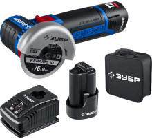 ЗУБР 12 В, d76 мм, 2 АКБ тип Т7 (2 А·ч), бесщеточная УШМ, сумка, Профессионал (AB-76-22)