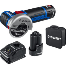 ЗУБР 12 В, d76 мм, 2 АКБ тип Т7 (2 А·ч), бесщеточная УШМ, сумка, Профессионал (AB-76-22)