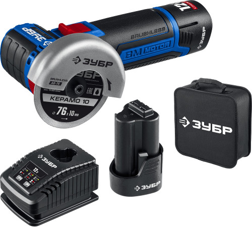 ЗУБР 12 В, d76 мм, 2 АКБ тип Т7 (2 А·ч), бесщеточная УШМ, сумка, Профессионал (AB-76-22) купить  в Сочи