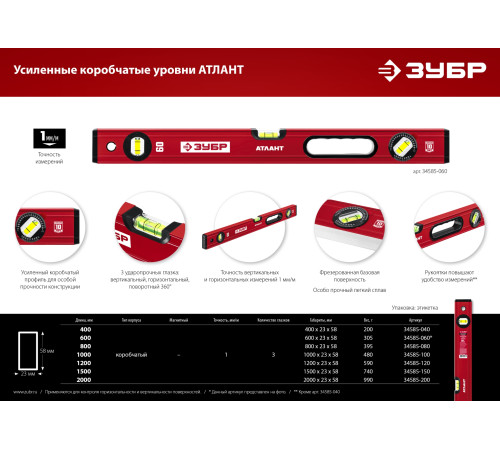 ЗУБР АТЛАНТ, 400 мм, уровень с усиленным профилем (34585-040) купить  в Сочи