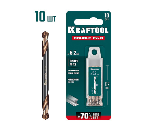 KRAFTOOL DOUBLE Сo-8 5.2х62мм, Сверло двухстороннее по металлу, сталь M42(+8%Co), класс А (29654-5.2-10) купить  в Сочи