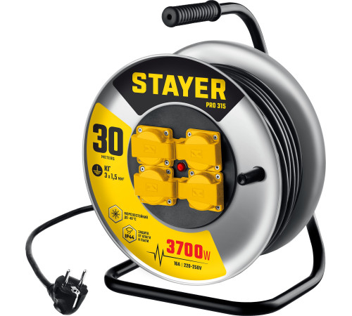 STAYER PRO-315, КГ, 3 x 1.5 мм2, 30 м, 3700 Вт, IP44, силовой удлинитель на стальной катушке (55077-30) купить в Сочи STAYER PRO-315, КГ, 3 x 1.5 мм2, 30 м, 3700 Вт, IP44, силовой удлинитель на стальной катушке (55077-30) купить в Сочи