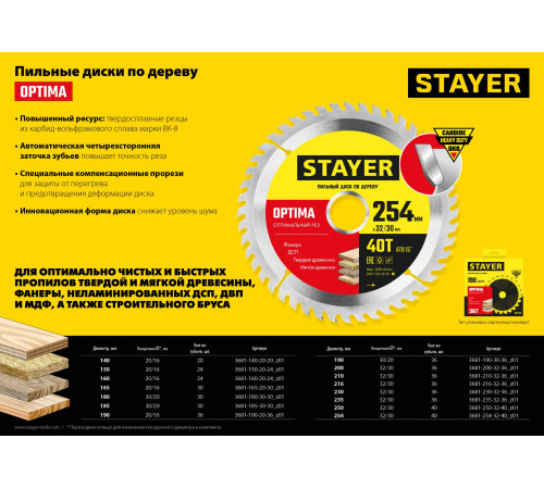 STAYER Optima, 254 x 32/30 мм, 40Т, оптимальный рез, пильный диск по дереву (3681-254-32-40) купить в Сочи STAYER Optima, 254 x 32/30 мм, 40Т, оптимальный рез, пильный диск по дереву (3681-254-32-40) купить в Сочи