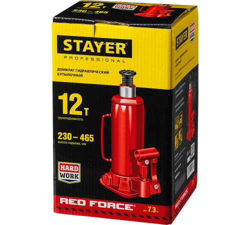 STAYER RED FORCE, 12 т, 230 - 465 мм, бутылочный гидравлический домкрат, Professional (43160-12) купить в Сочи STAYER RED FORCE, 12 т, 230 - 465 мм, бутылочный гидравлический домкрат, Professional (43160-12) купить в Сочи