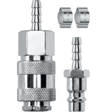 KRAFTOOL (штуцер ″елочка″, 6 мм - рапид муфта) + (рапид штуцер-штуцер ″елочка″, 6 мм) + (обжимные хомуты 2 шт), набор (06599-06-H)