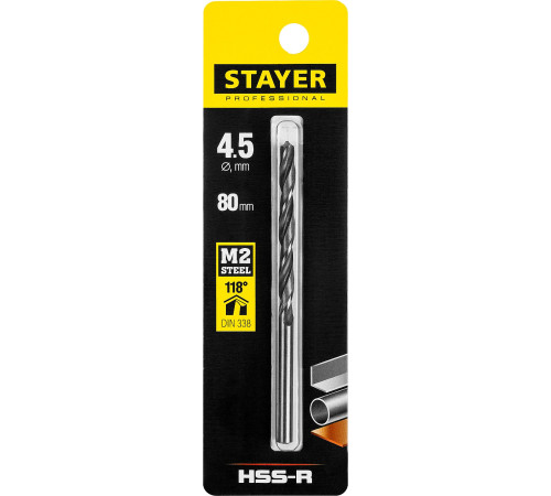 STAYER HSS-R, 4.5 х 80 мм, быстрорежущая сталь P6M5, сверло по металлу, Professional (29602-4.5) купить в Сочи STAYER HSS-R, 4.5 х 80 мм, быстрорежущая сталь P6M5, сверло по металлу, Professional (29602-4.5) купить в Сочи