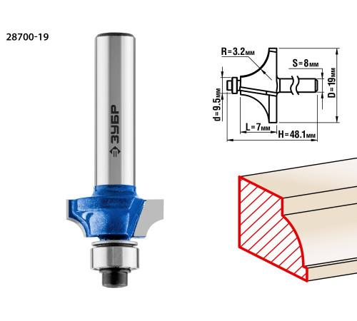 ЗУБР 19.0 x 7 мм, радиус 3.2 мм, фреза кромочная калевочная №1, Профессионал (28700-19) купить  в Сочи