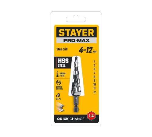 STAYER Pro-Max 4-12мм, 9 ступеней, винтовая спираль, сверло ступенчатое (29661-4-12-9) купить  в Сочи