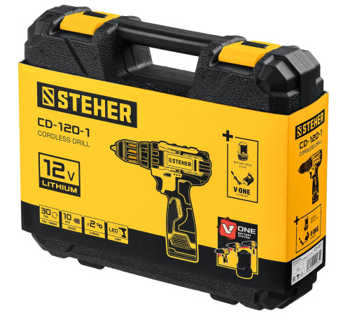 STEHER 12 В, 30 Н·м, 1 АКБ (2 А·ч), дрель-шуруповерт, кейс (CD-120-1) купить в Сочи STEHER 12 В, 30 Н·м, 1 АКБ (2 А·ч), дрель-шуруповерт, кейс (CD-120-1) купить в Сочи