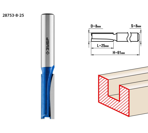 ЗУБР 8 x 25 мм, хвостовик 8 мм, фреза пазовая прямая, Профессионал (28753-8-25) купить  в Сочи