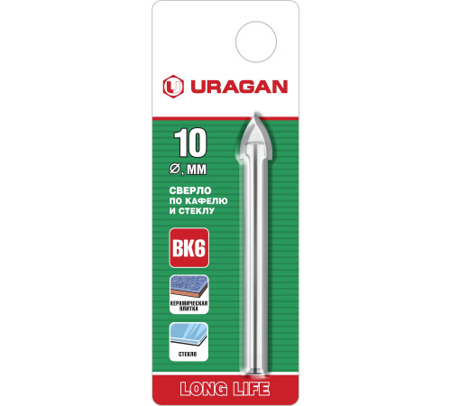 URAGAN 10 мм, 2х кромка, цилиндр хвостовик, Сверло по стеклу и кафелю (29830-10) купить  в Сочи