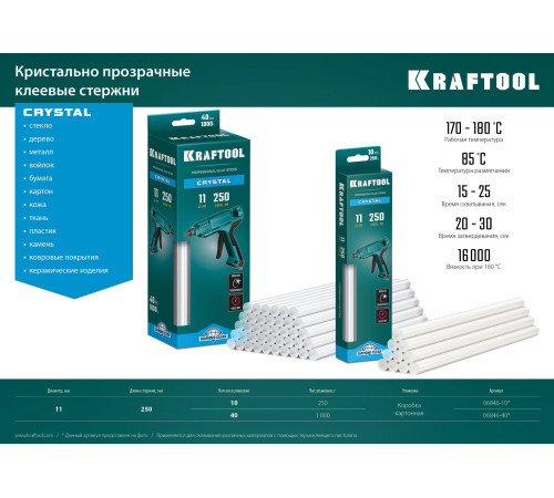 KRAFTOOL Cristal, 11 х 250 мм, 10 шт, кристально прозрачные, клеевые стержни (06846-10) купить  в Сочи