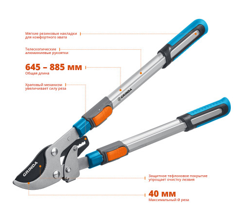 GRINDA TX-980, 645 - 885 мм, высокоуглеродистая сталь, закаленные лезвия, храповый механизм, телескопический, плоскостной сучкорез, PROLine (424515) купить в Сочи GRINDA TX-980, 645 - 885 мм, высокоуглеродистая сталь, закаленные лезвия, храповый механизм, телескопический, плоскостной сучкорез, PROLine (424515) купить в Сочи