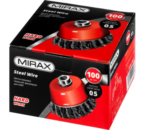 MIRAX 100 мм, жгутированная стальная проволока 0.5 мм, чашечная щетка-крацовка для УШМ (35104-100-2) купить в Сочи MIRAX 100 мм, жгутированная стальная проволока 0.5 мм, чашечная щетка-крацовка для УШМ (35104-100-2) купить в Сочи