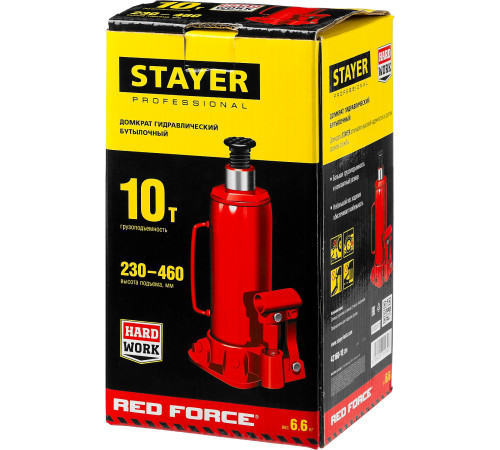 STAYER RED FORCE, 10 т, 230 - 460 мм, бутылочный гидравлический домкрат, Professional (43160-10) купить в Сочи STAYER RED FORCE, 10 т, 230 - 460 мм, бутылочный гидравлический домкрат, Professional (43160-10) купить в Сочи