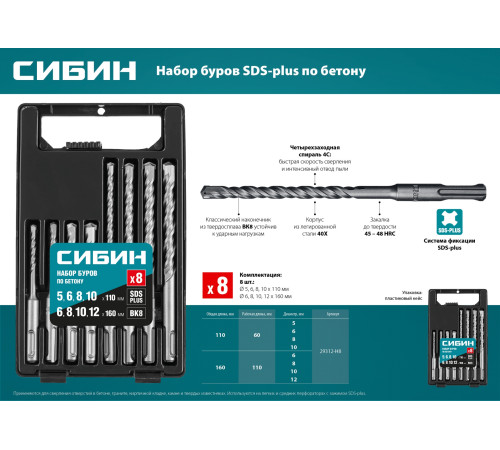 СИБИН 8шт набор буров SDS-plus (29312-H8) купить  в Сочи