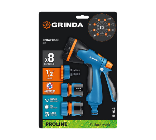 GRINDA B-812, питолет поливочный B-8, коннектор 1/2, конектор 1/2 с автостопом, адаптер с внутр. резьбой 1/2 х 3/4, набор поливочный PROLine (429114) купить  в Сочи
