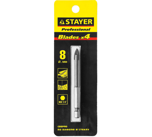 STAYER 8 мм, 4х кромка, HEX 1/4, Сверло по стеклу и кафелю (2985-08) купить  в Сочи