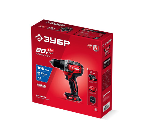 ЗУБР 20 В, 165 Н·м, 2 АКБ LMS (2 А·ч), бесщеточная дрель-шуруповерт, сумка (ДБ-165-22) купить  в Сочи