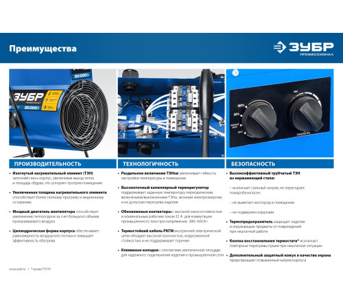 ЗУБР 30 кВт, электрическая тепловая пушка, Профессионал (ТП-П30) купить  в Сочи