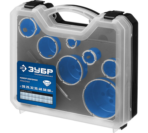 ЗУБР 7 шт, (d 20/25/32/35/40/50/68 мм), набор алмазных коронок с оснасткой, Профессионал (29870-H7) купить  в Сочи