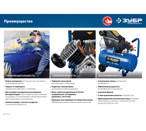 ЗУБР 400 л/мин, 100 л, 2200 Вт, масляный компрессор, Профессионал (КПМ-400-100) купить  в Сочи