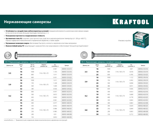 KRAFTOOL DS-P, 25 х 4.8 мм, А2, сверло, полукруглая головка, ТХ25, 300 шт, саморез нержавеющий (300931-48-025) купить  в Сочи