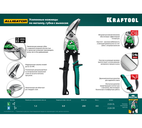 KRAFTOOL Alligator, 250 мм, правые усиленные ножницы по металлу с выносом (2328-OR) купить  в Сочи