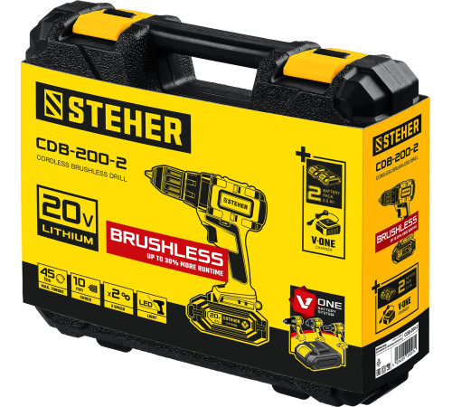 STEHER V1, 20 В, 45 Н·м, 2 АКБ (2 А·ч), бесщеточная дрель-шуруповерт, кейс (CDB-200-2) купить в Сочи STEHER V1, 20 В, 45 Н·м, 2 АКБ (2 А·ч), бесщеточная дрель-шуруповерт, кейс (CDB-200-2) купить в Сочи