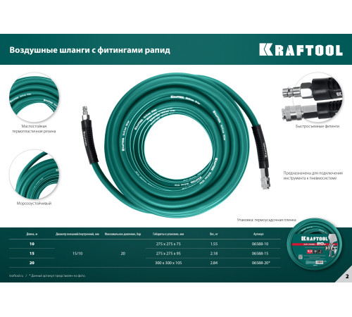 KRAFTOOL 15 м, 10 х1 5 мм, 20 бар, воздушный шланг с поворотными фитингами рапид (06588-15) купить  в Сочи