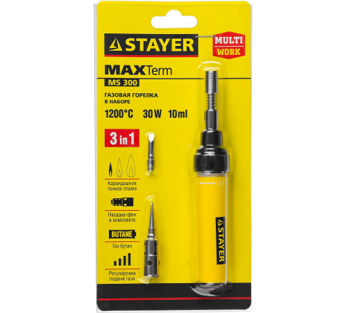 STAYER MS 300, 40 Вт, 1200°С в наборе: 4 в 1, горелка, фен, 2 жала, газовый паяльник (55506-H4) купить  в Сочи
