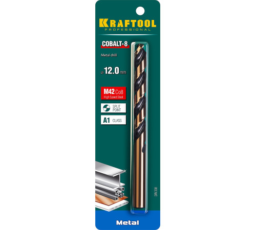 KRAFTOOL COBALT-8, 12.0 х 151 мм, сталь М42, HSS-Co(8%), сверло по металлу (29656-12) купить  в Сочи