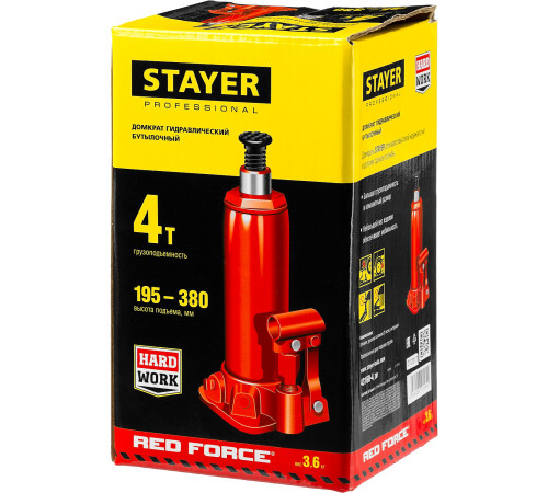 STAYER RED FORCE, 4 т, 195 - 380 мм, бутылочный гидравлический домкрат, Professional (43160-4) купить в Сочи STAYER RED FORCE, 4 т, 195 - 380 мм, бутылочный гидравлический домкрат, Professional (43160-4) купить в Сочи
