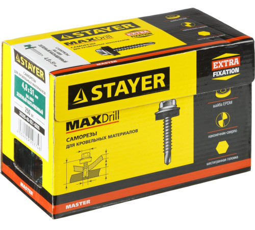 Саморезы СКД кровельные, RAL 6005 зеленый насыщенный, 51 х 4.8 мм, 250 шт, для деревянной обрешетки, STAYER купить  в Сочи