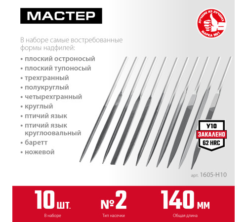 ЗУБР 10 шт, 140 мм, набор надфилей в чехле (1605-H10) купить  в Сочи