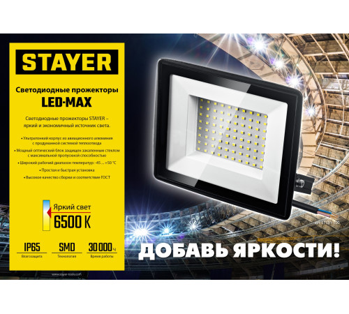 STAYER LED-MAX, 2 х 30 Вт, 6500 К, IP 65, 1.6 м, светодиодные прожекторы на штативе (56925-2-30) купить  в Сочи