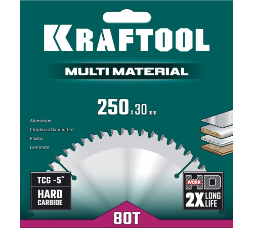 KRAFTOOL Multi Material, 250 х 30 мм, 80Т, пильный диск по алюминию (36953-250-30) купить  в Сочи